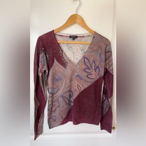 Etro Mixed Paisley V-Neck Sweater - Burgundy & Cream